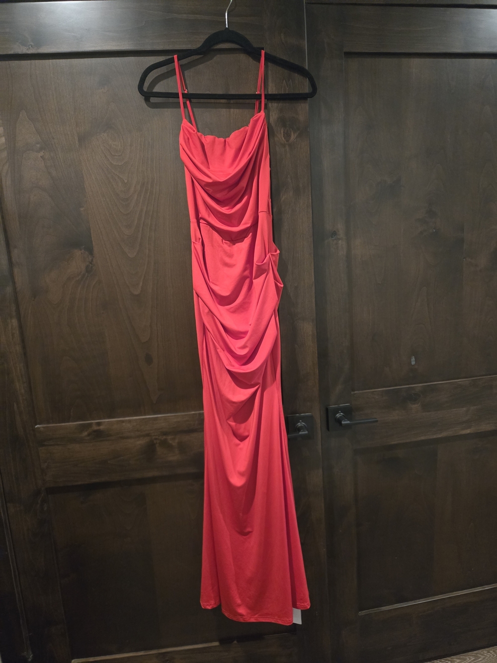Red Draped Spaghetti Strap Evening Dress